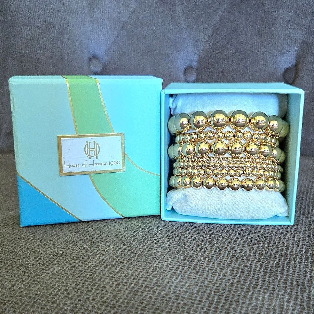 House🏠 of Harlow 1960 Set of Seven7️⃣ Stretchy Gold💛 Bead Bracelets - NIB